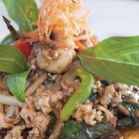 Thai Spicy Basil · Minced chicken stir-fried with bell peppers, carrots, onions, sweet basil,  mushroom, and ba...