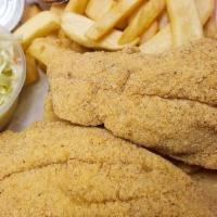 Catfish Fillet · Two pieces. Dinner served with fries and coleslaw.