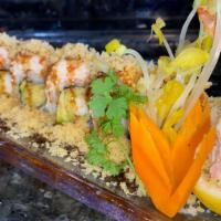 Colleyville Roll (8) · Spicy. Shrimp tempura inside topped with crab salad crunchy, spicy mayo and eel sauce.