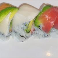 Rainbow Roll (8) · Crab meat, cucumber, avocado inside topped with tuna, salmon, white fish, avocado.