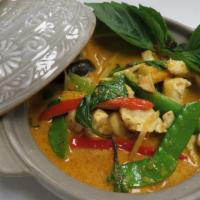 Thai Curry · Famous Thai coconut red or green curry with bamboo shoot, bell pepper, baby corn, mushroom, ...