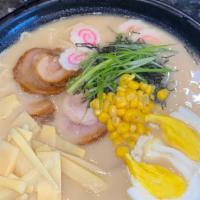 Tontonkatsu Ramen · Ramen noodle in pork bone broth with pork belly, egg, fish cake, corn, bamboo shoot, seaweed...