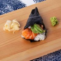 Salmon Hand Roll · Fresh salmon with sushi rice, wrapped in nori.