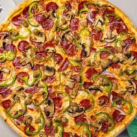 Gluten Free Supreme Pizza · Fresh mushrooms, green peppers, olives, red onions, pepperoni, and fresh mozzarella baked on...
