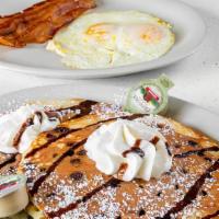 Chocolate Chip Pancake Combo · 2 eggs any style & 2 bacon strips or 1 sausage patty