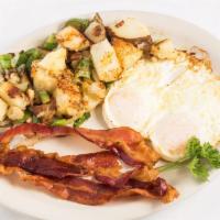Classic Combo · Two eggs any style, three bacon strips, or two sausage patties, hash browns, or home fries a...