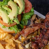 Blue Water Burger · Cheese, bacon, grilled mushrooms,grilled onions, jalapenos, avocado, and pico de gallo.