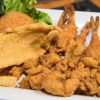 Fisherman’S Platter · Fried shrimp, oysters, fish, crawfish, and a crab cake.