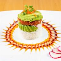 Ahi Tower · Sushi rice crab salad, avocado, spicy tuna fish egg on top spicy mayo eel sauce.