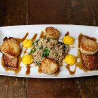 Diver Scallops · pan seared, braised bacon, creamy farro and sautéed spinach, sherry reduction, carrot ginger...