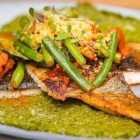 Rainbow Trout · Wood roasted tomato, french green beans, olive, caper, salsa verde,
potato crunch