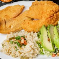 Fish Plate · Two fried fish fillets, salad and rice.