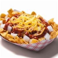 Frito Chili Pie · Corn chips topped off with chili, cheese, and diced onion.