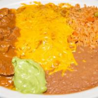 El Tejano · Carne guisada, and two cheese enchiladas. Served with rice, refried beans, and guacamole.