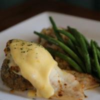 Gulf Coast Flat Fish Stack · Broiled Chefs Catch of the Day,  crab stuffing,  mornay sauce,  wild mushroom  risotto,  wit...