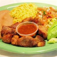 Carnitas Plate · Chunks of fried pork served with rice, beans, pico de gallo and avocado slices.