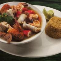 Caldo De Mariscos · Seafood soup.