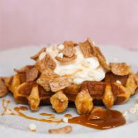 Cinnamon Caramel Crunch · Toasted Belgian waffle with cream cheese icing, cinnamon toast crunch, white chocolate chips...