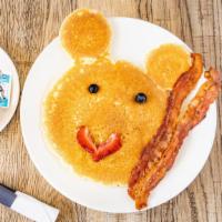 Mickey Mouse Pancake · Served with two strips of bacon