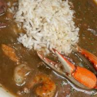 Gumbo · 32 oz bowl of our famous gumbo served with white rice.