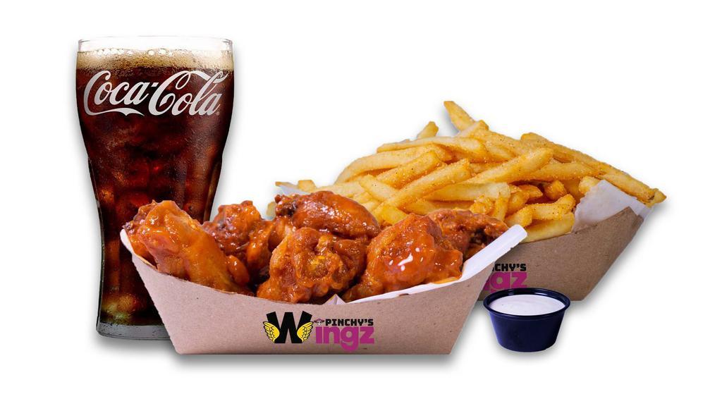 5 Pieces · 5 Crispy Tender with one flavor, regular fries or veggies sticks, one dip and one 20 oz drink
