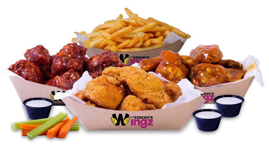 16 Pieces · 16 Crispy Tender with up to Three flavor, large fries or veggies sticks, Three dips and four rolls