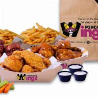 Family Pack 40 Pieces · 40 Boneless, Classic or Mix and Match wings, four flavors, Large Fries or veggies, and four ...