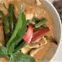 Panang Curry · Choice of protein in Panang curry sauce with zucchini, basil, bell pepper, and green beans.