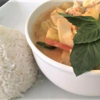 Red Curry · Choice of protein in red curry sauce with bamboo shoots, zucchini, basil, and bell peppers.