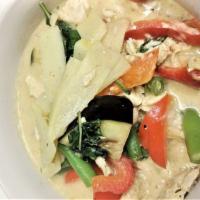 Green Curry · Choice of protein in green curry sauce with bamboo shoots, zucchini, eggplant, basil, bell p...