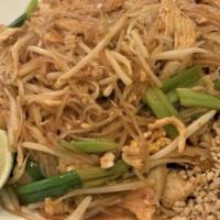 Pad Thai · Stir-fried thin rice noodles with a choice of protein, egg, bean sprouts, and green onions i...