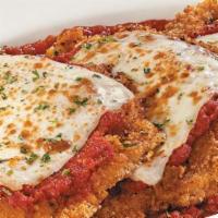 Small Chicken Parmigiana · 3 breaded chicken breasts topped with our homemade marinara sauce, mozzarella and garnished ...