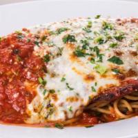 Chicken Parmesan · Tender chicken breast lightly seasoned with Italian bread crumbs, topped with Russo’s homema...