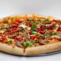 Sausage & Peppers Pie · Pie sauce, cheese blend, Italian sausage, beef sausage, calabrese chilies, roasted red peppe...