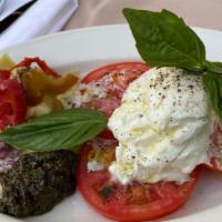 Bufala Mozzarella Di Campagna  & Tomatoes · Extra Virgin Olive Oil & Fresh Basil Served with Red Onions, Pesto, Red Bell Peppers.