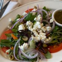 Feta Salad · Mixed Greens, Tomato, Cucumber, Red Onions, Kalamata Olives, Feta Cheese, Herb Vinaigrette
