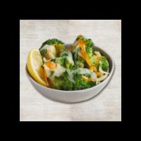 Lemon-Butter Broccoli & Cheese · Fresh steamed broccoli with Parmesan butter and lemon topped with mixed cheeses
