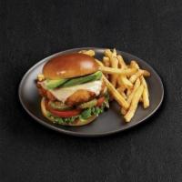 Southern Fried Chicken Sandwich · Battered chicken breast, lettuce, tomato, pickles, avocado, cheddar & spicy aioli