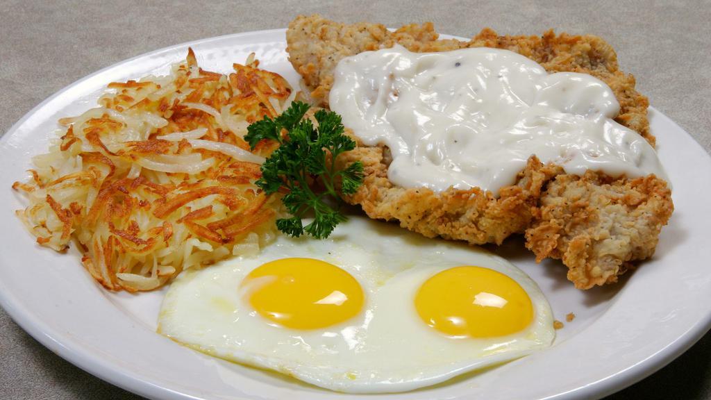 Chub'S Signature Chicken Fried Steak And Eggs · Country battered, hand cut usda choice beef cutlet, and deep fried to a golden brown. Topped with country gravy. Served with two eggs any style and with your choice of hash browns or grits, toast or biscuits and country gravy or pancakes.

Consuming Raw or undercooked meats, poultry, seafood, shellfish or egg may increase your risk of foodborne illness. especially if you have certain medical conditions.