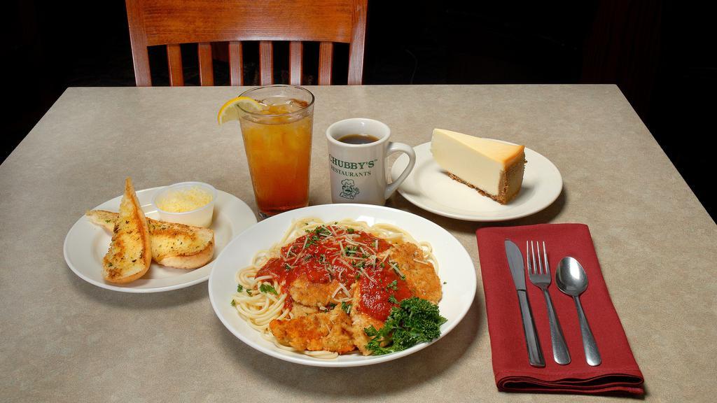 Chicken Parmesan · Specially prepared chicken breast topped with mozzarella and homemade marinara sauce. Served with buttery garlic toast and parmesan cheese.
