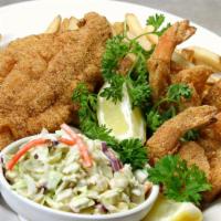Louisiana Style Seafood Combo · Breaded catfish, deep fried to a crisp, three fried shrimp, and one stuffed crab. Served wit...