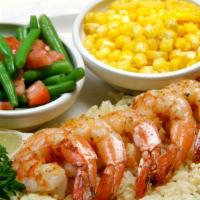 Grilled Shrimp Dinner · Five juicy shrimp served on a bed of white rice and choice of two vegetables.