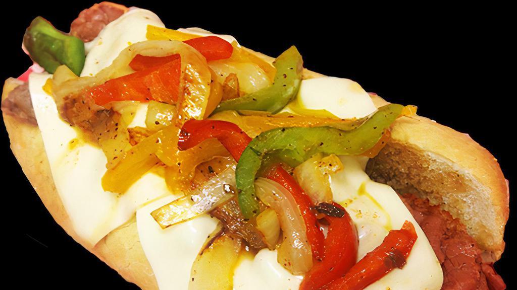Jk’S Cheese Steak · Roast beef piled high on a French roll, onions, bell peppers, and Swiss cheese, with au ju on the side.