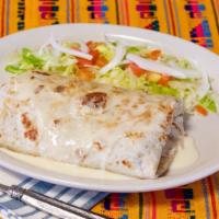 California Burrito · Super size flour tortilla, filled with your choice of meat, rice, refried beans, avocado, to...