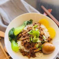 【New】Taiwanese Braised Minced Pork Over Rice  台式肉燥饭 · It comes with 1 marinated egg, takuwan, and veggies
