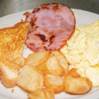 Home-Style Breakfast · Two eggs any style, with your choice of ham, bacon, or sausage, served with potatoes, and yo...