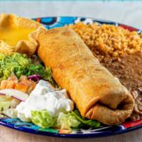 Chimichanga · One Large crispy flour tortilla with meat. served with rice, beans, guacamole, sour cream, a...