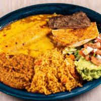Tampiquena · 8oz of beef or chicken fajita and one cheese enchilada. Served with rice and beans with guac...