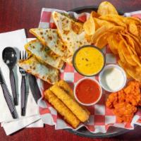 Sampler Platter · Wings (4), Mozzarella Stick (4), Home-Made Potato Chips with Queso and a Southwest Quesadilla.