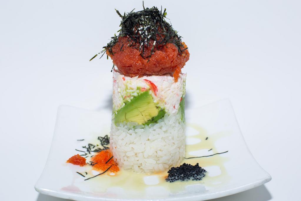 Tuna Tower · Spicy tuna, avocado, sushi rice, crabmeat, seaweed, fish egg, wasabi sauce.